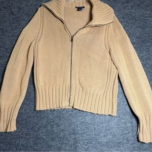 Ann Taylor Woman’s Tan Cowl Neck Sweater Size L All Cotton Front Zip Up